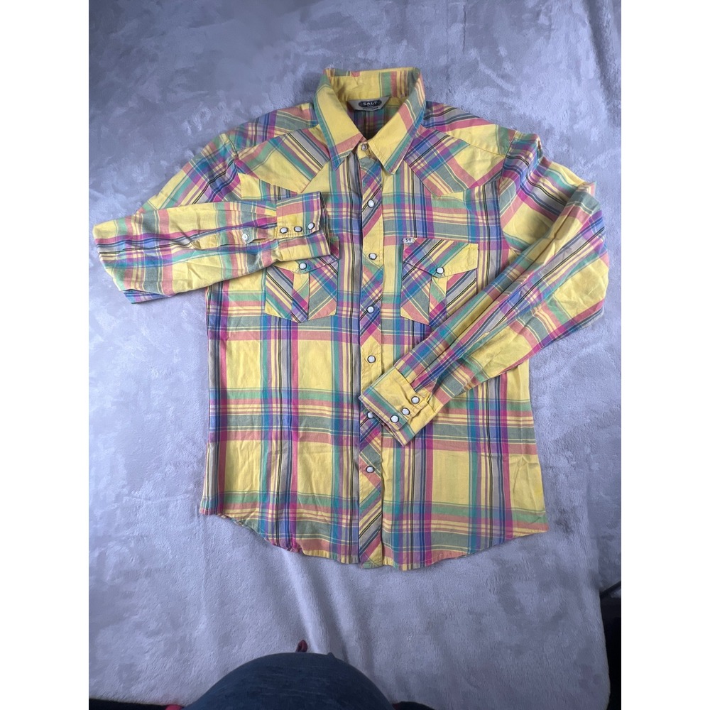 Salt Valley Western Mens Yellow Pink Plaid Pearl Snap Long Sleeve Shirt Medium